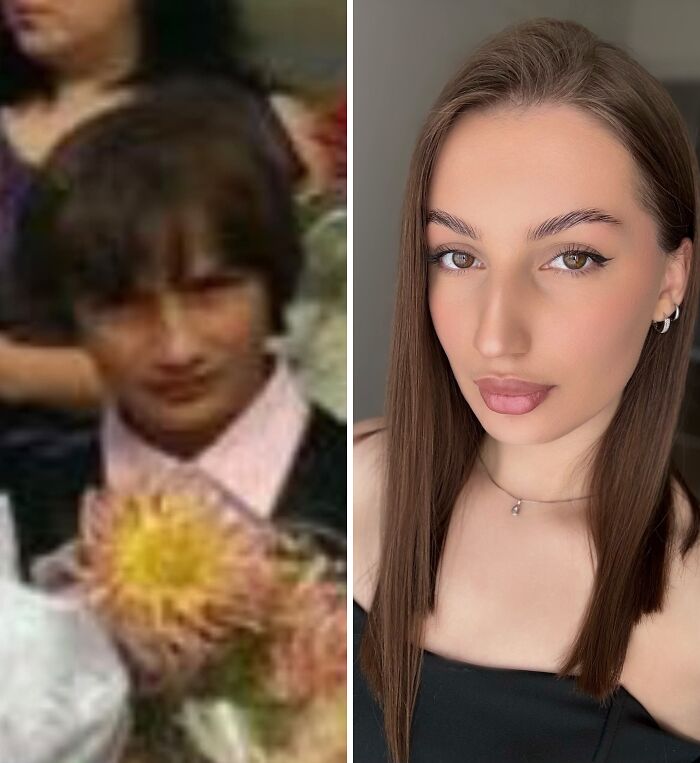 A split image showing an Ugly Duckling transformation: a young girl with dark hair and a serious expression, and a beautiful woman with long brown hair, delicate makeup, and small hoop earrings.