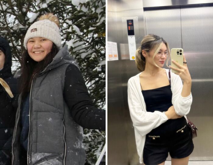 An ugly duckling's incredible transformation into a beautiful, stylish woman, proudly showing her change.