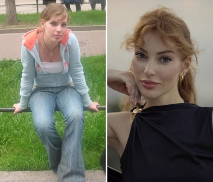 An ugly duckling shows her incredible transformation, now a beautiful woman smiling confidently.