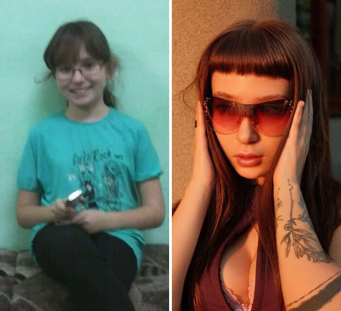 A before-and-after image showing an incredible transformation of an ugly duckling into a confident woman.