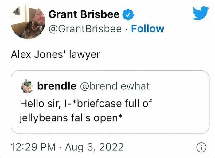 A meme showing a tweet about Alex Jones lawyer, Grant Brisbee, and a reply with a brief case full of jellybeans.