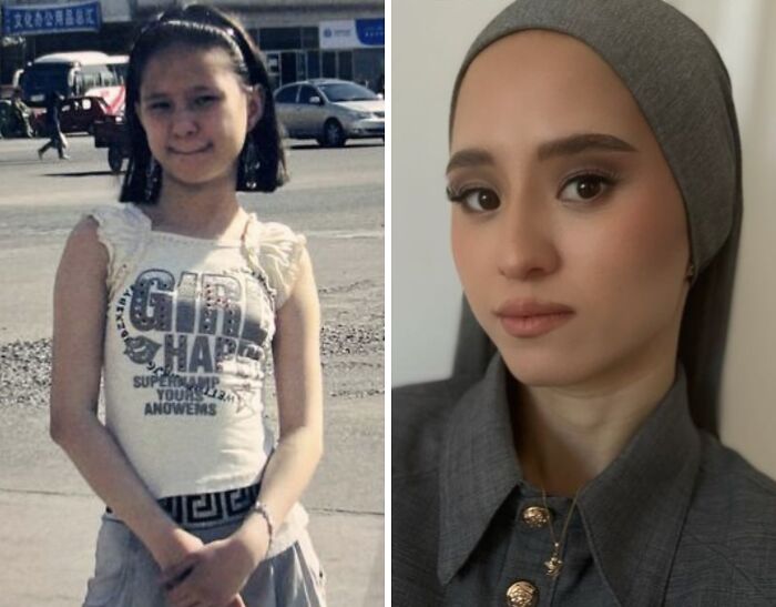 Ugly Ducklings transformation: Before and after photo of a young girl outdoors and a woman in a grey headscarf.