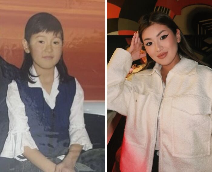 Ugly Ducklings transformation: Before and after photo of a young girl in a vest and a woman in a cream jacket.