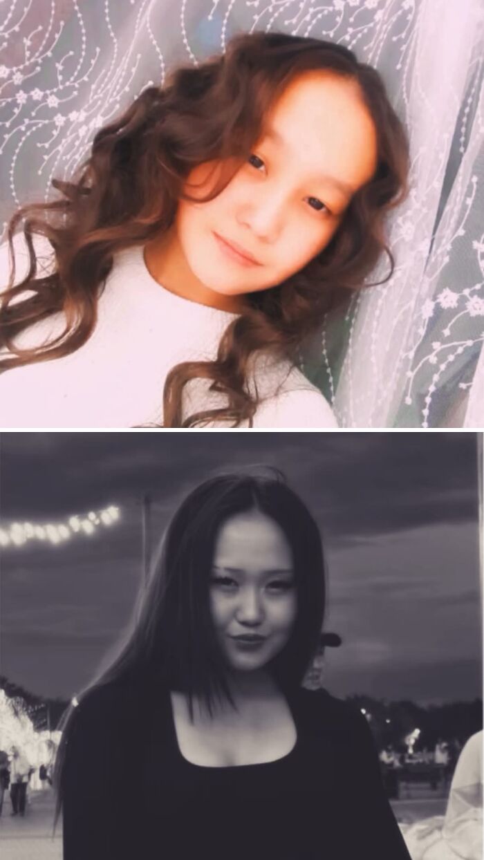 Ugly Ducklings transformation: Before and after photo of a young girl with curly hair and a woman with straight dark hair.