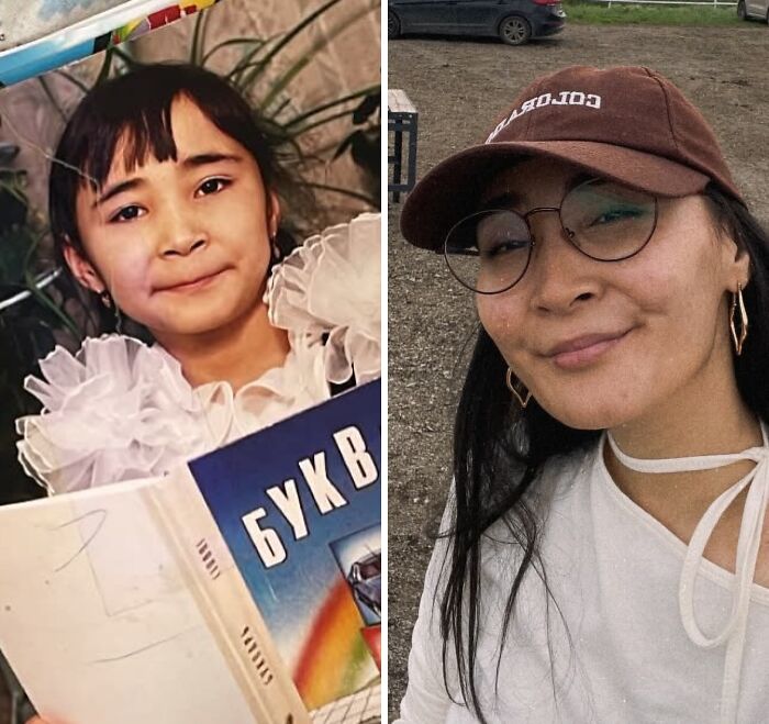 Ugly Ducklings transformation: Before and after photo of a child holding books and a woman in a cap and glasses.
