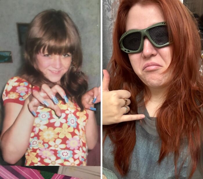 Ugly Ducklings transformation: Before and after photo of a young girl with long nails and a woman with red hair and glasses.