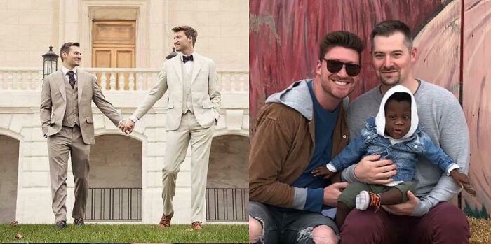 Two gay couples with their adopted child, highlighting diverse adoption stories and families.
