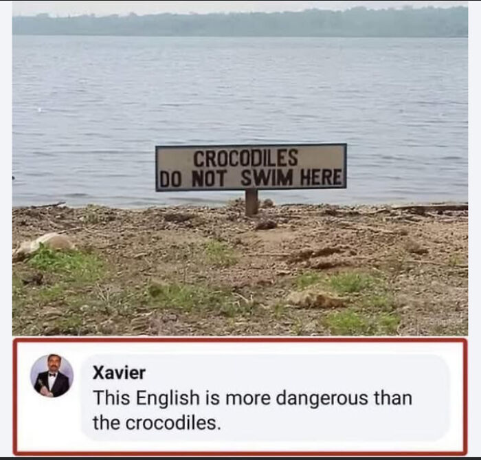Xavier with a savage response to a poorly worded sign about crocodiles in water.