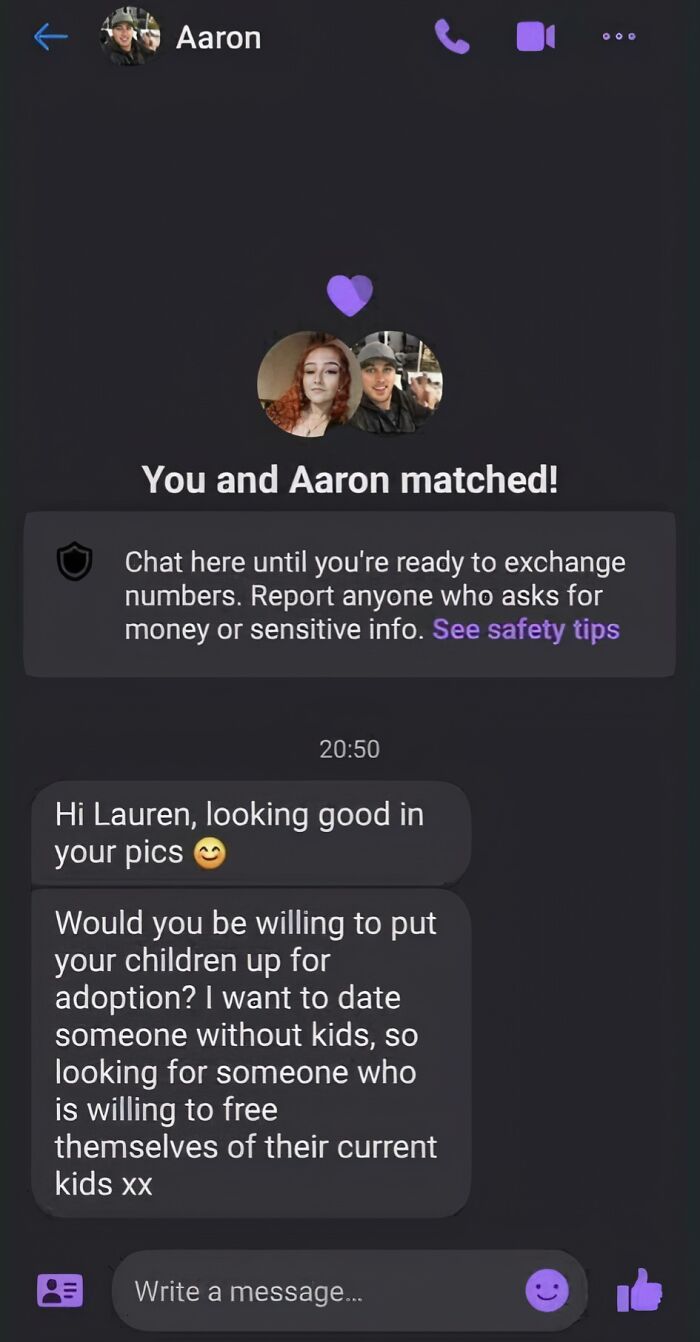 Entitled men dating app message: a shocking message from Aaron asking Lauren to put her children up for adoption.