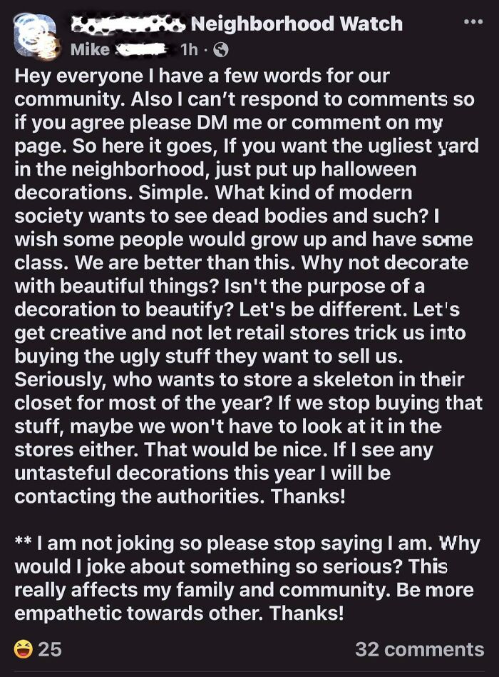 A long social media post from a neighborhood watch group by an entitled man named Mike, complaining about ugly Halloween decorations and threatening to contact authorities.