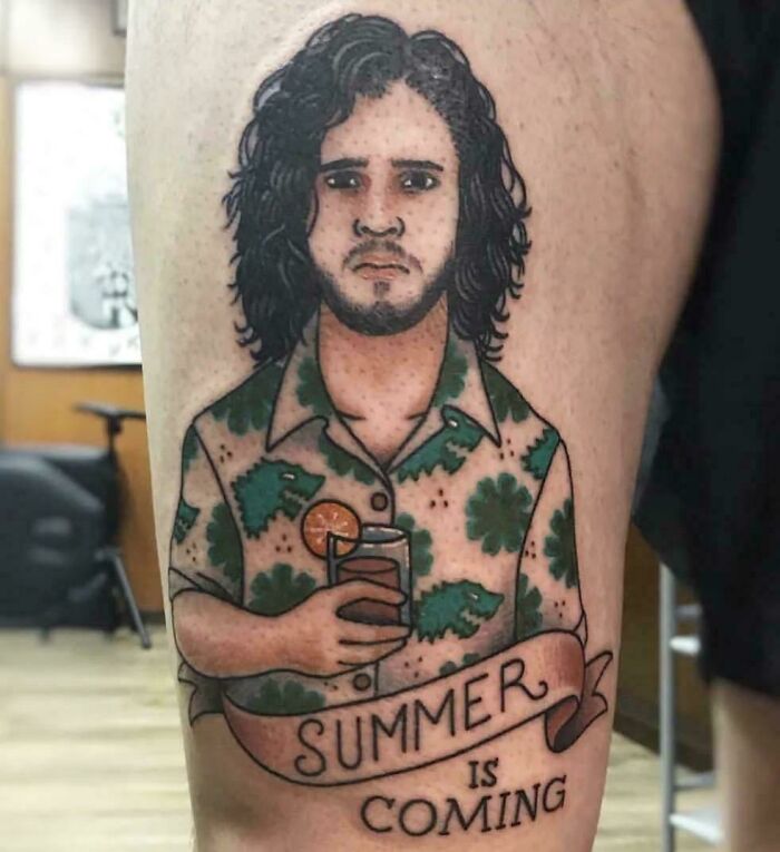A tattoo artist's talent is wasted on a questionable tattoo idea of Jon Snow with a drink and Summer is Coming banner.