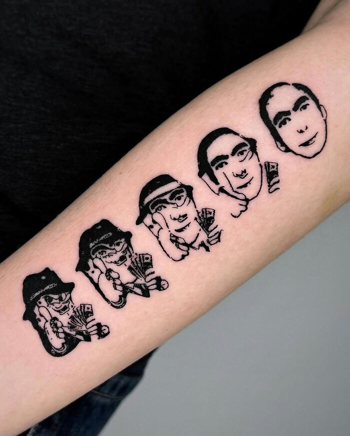 A tattoo artist's talent is wasted on a questionable tattoo idea showing a sequence of changing faces.