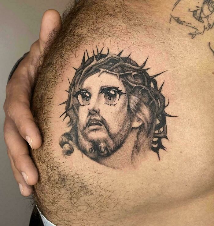 A tattoo artist's talent is wasted on a questionable tattoo idea of a Christ-like figure with anime eyes on a person's torso.