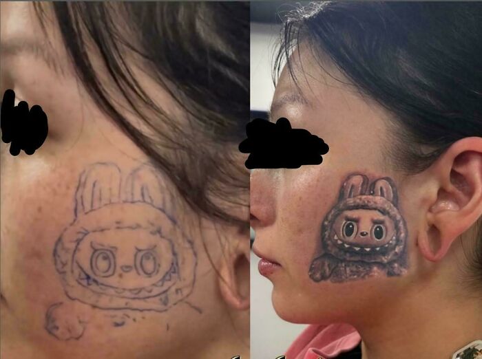 A tattoo artist's work, before and after, of a face tattoo with questionable ideas depicting a bunny-like character, highlighting the transformation.