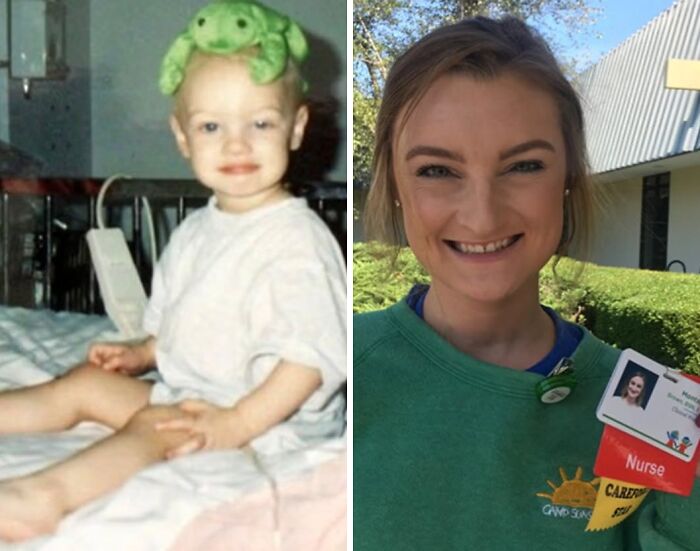 A side-by-side of a young child in a hospital bed and the same person as an adult nurse for a soul-healing story.