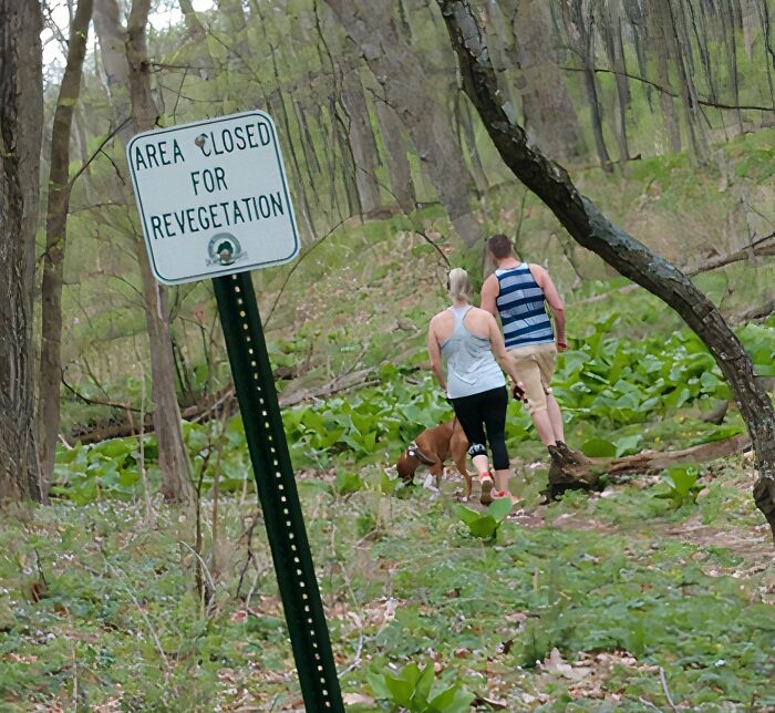 People ignoring a closed area sign for revegetation, demonstrating a disregard for basic human decency.