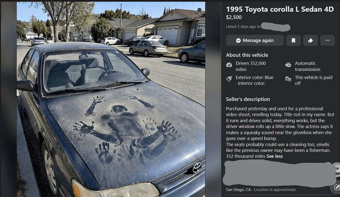 Unhinged marketplace listing of a 1995 Toyota Corolla with a muddy human imprint on the hood.