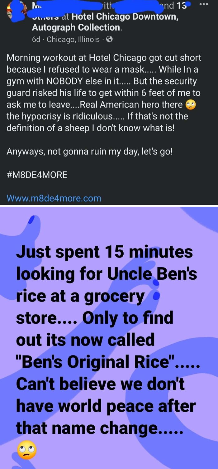 A social media post with infuriating stories about entitled men ignoring boundaries, including a man refusing a mask at Hotel Chicago and another commenting on rice.