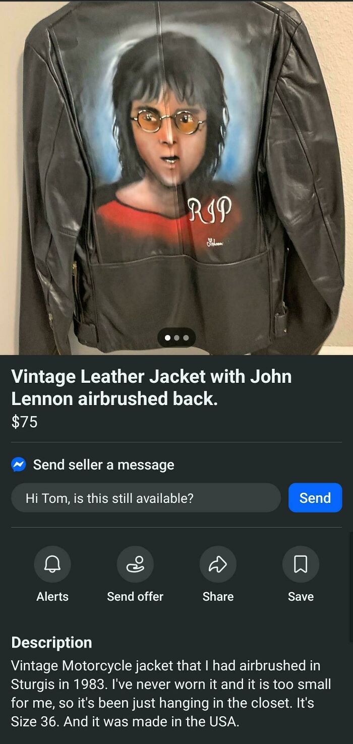 A vintage leather jacket with a John Lennon airbrushed portrait on the back, a unique marketplace listing.