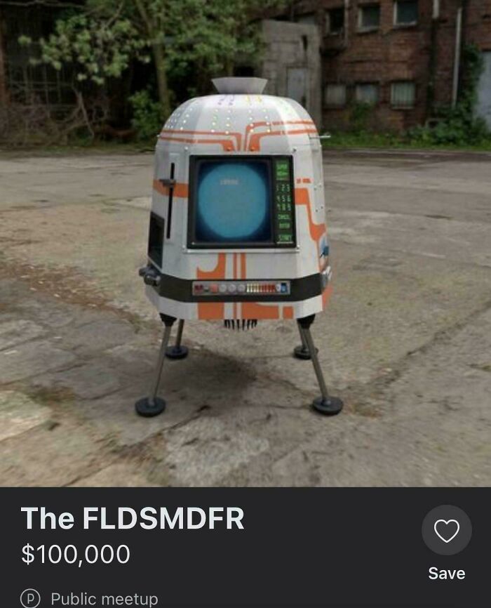 A unique, retro-futuristic robot-like machine with a screen, listed as The FLDSMDMFR for $100,000 in unhinged marketplace listings.