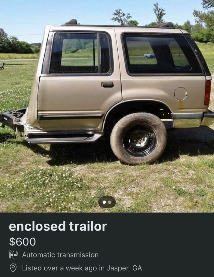 A gold SUV converted into a custom enclosed trailer, displayed in a quirky marketplace listing.
