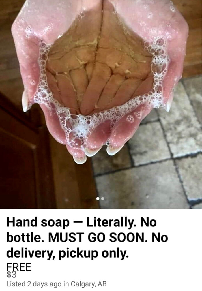 Hands cupped together holding soapy water, advertised as Hand soap - Literally. No bottle, an unhinged marketplace listing.