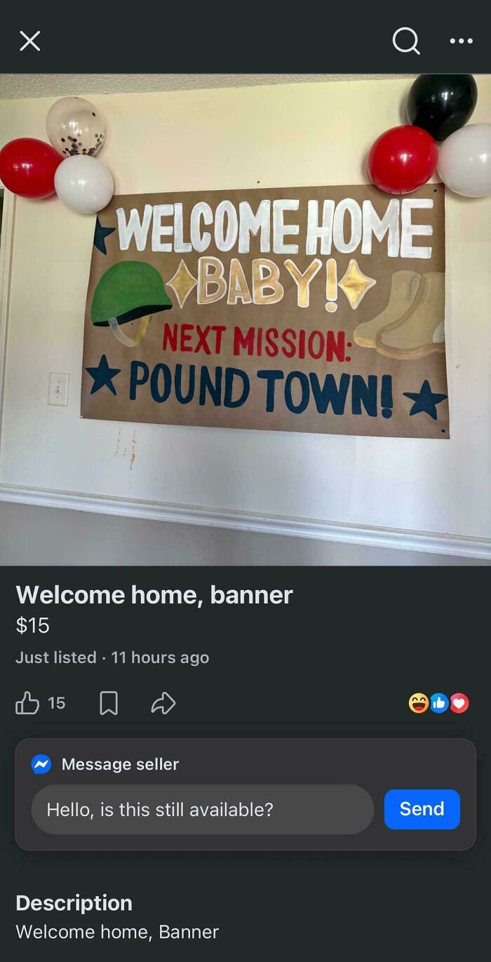 A Welcome Home Baby banner with military themes and the phrase Next Mission: Pound Town, an unhinged marketplace listing.