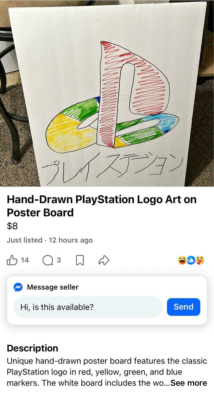 Hand-drawn PlayStation logo art on poster board, another unhinged item from Marketplace listings.