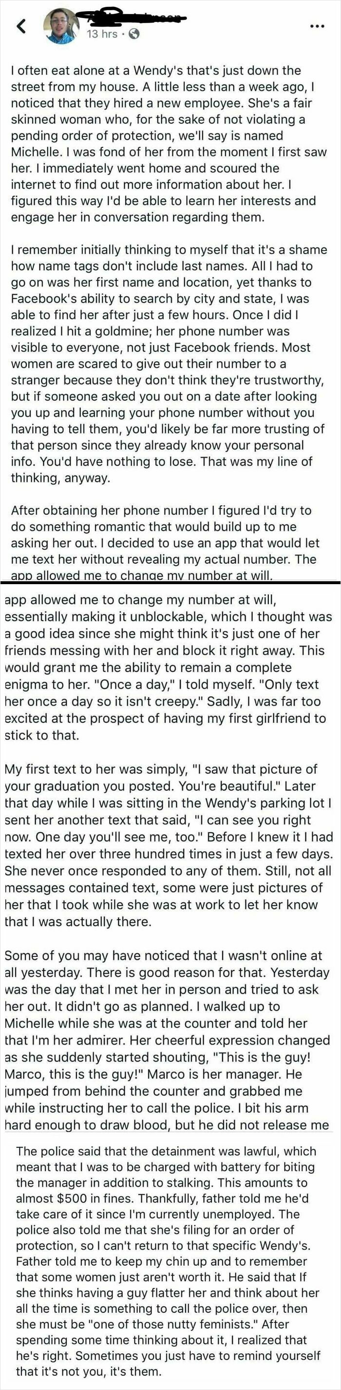 A screenshot of a lengthy social media post about infuriating stories of entitled men, sharing frustrating dating and work experiences.