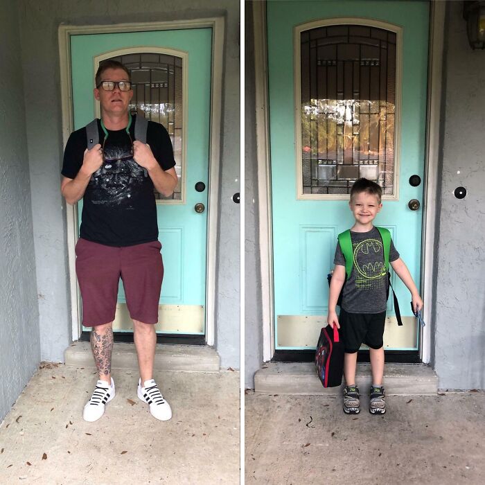 A father and son stand in front of a door, recreating a childhood photo, providing soul-healing posts.