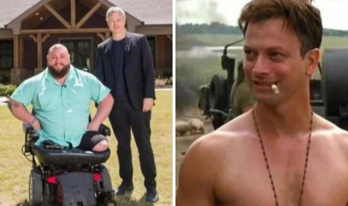 Two images, one of a man in a wheelchair with another man, and a shirtless man with a cigarette, soul-healing posts.