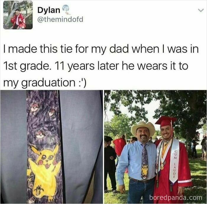 Soul-healing memory: A dad proudly wears a Pikachu tie made by his son in first grade to his son's college graduation.