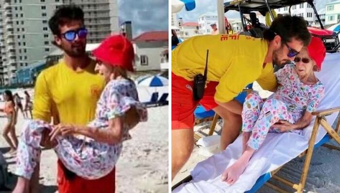 A lifeguard carrying an elderly woman on the beach for a soul-healing moment.