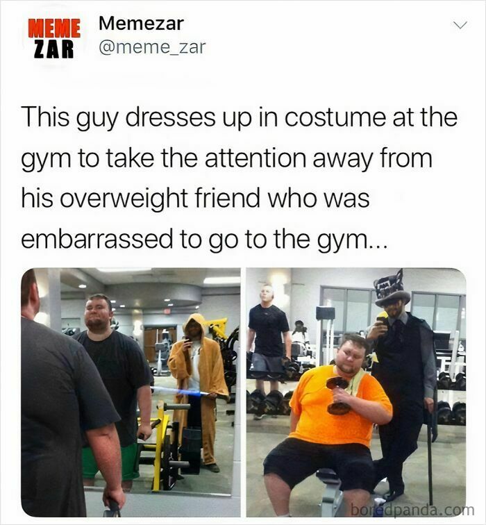 A man in various costumes at the gym with his friend, supporting him through his weight loss journey, soul-healing.