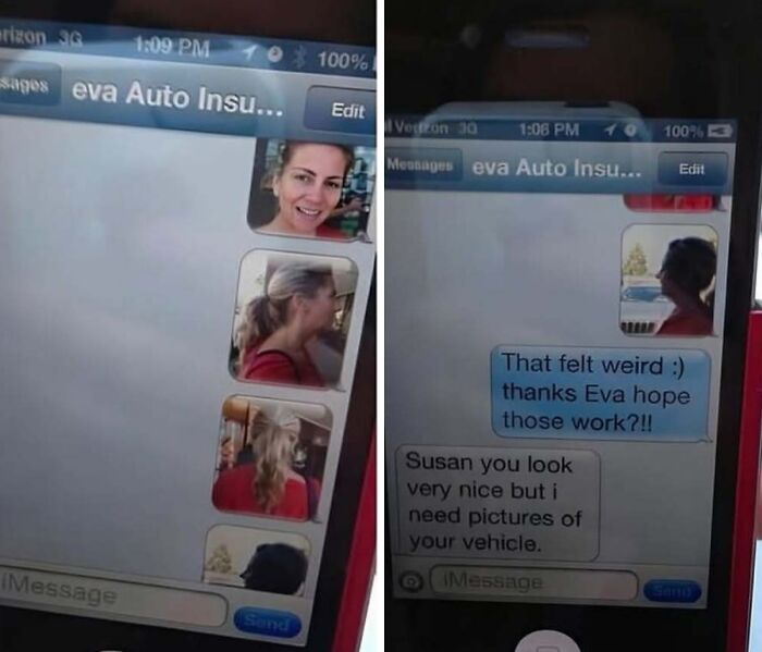 A woman sends selfies instead of car photos for soul-healing insurance posts.
