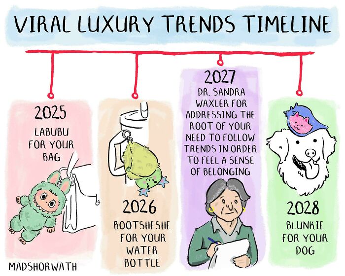 An illustration of viral luxury trends timeline, highlighting the insulting consumerism and price difference.