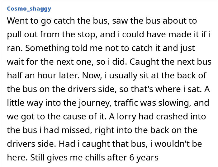 A Reddit post about real-life stories involving gut feelings saving someone from a bus crash.
