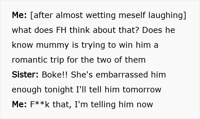 A screenshot showing a conversation about a woman's drunken tantrum, where the sister mentions her son's embarrassment.