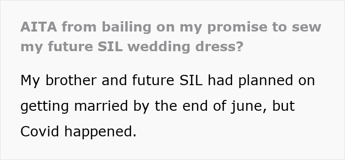 Text about promise to sew a future SIL wedding dress and wedding plans affected by Covid