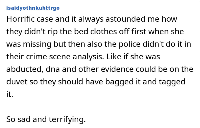 Comment discussing forensic evidence and crime scene analysis in missing child case