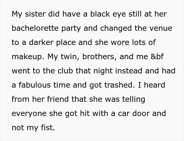 Text describing sister's black eye and bachelorette party changes Text describing sister's black eye and bachelorette party changes