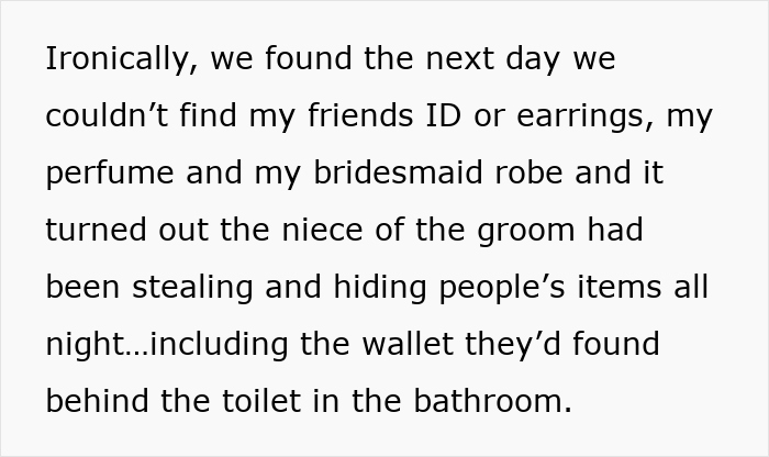 Text about a woman finding her sister marrying into a racist family, with items stolen by the groom's niece at the wedding. Text about a woman finding her sister marrying into a racist family, with items stolen by the groom's niece at the wedding.