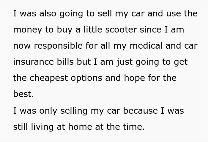 Selling car, using money to buy a scooter. Woman told to leave home after refusing to follow one rule.