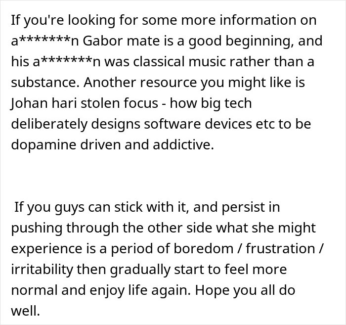 A comment about a woman's gaming problem, suggesting resources like Johan Hari's Stolen Focus.