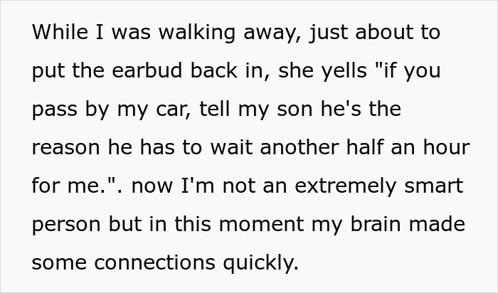 Text about a mom yelling at a random shopper, blaming her son for a parenting fail, highlighting her logic. Text about a mom yelling at a random shopper, blaming her son for a parenting fail, highlighting her logic.