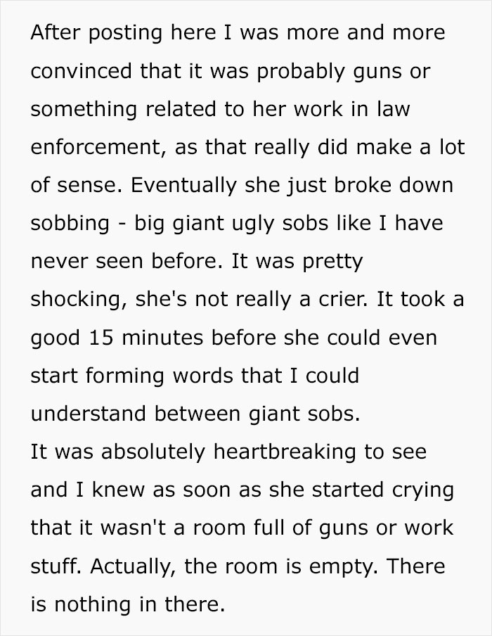 Reddit post describing emotional breakthrough about locked room Reddit post describing emotional breakthrough about locked room