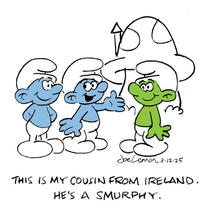 Cartoon of two blue Smurfs and a green Smurf called Smurphy