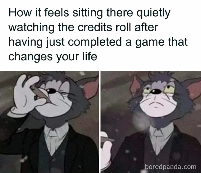 Meme showing emotional reaction after completing a life-changing game while watching credits