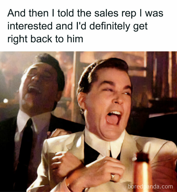 Sales rep laughing about fake interest from potential client