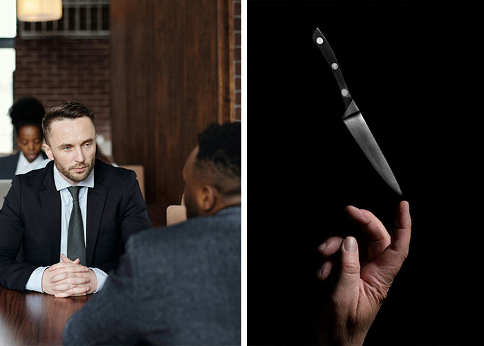 Job interview scene with serious males in formal suits at a table